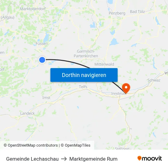 Gemeinde Lechaschau to Marktgemeinde Rum map