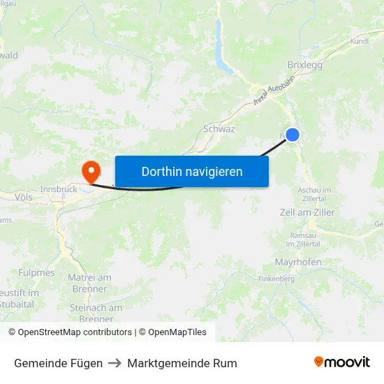 Gemeinde Fügen to Marktgemeinde Rum map