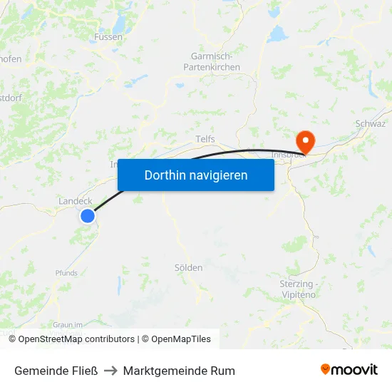 Gemeinde Fließ to Marktgemeinde Rum map