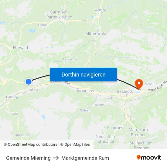 Gemeinde Mieming to Marktgemeinde Rum map