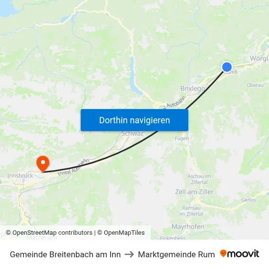 Gemeinde Breitenbach am Inn to Marktgemeinde Rum map