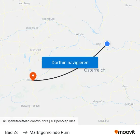 Bad Zell to Marktgemeinde Rum map