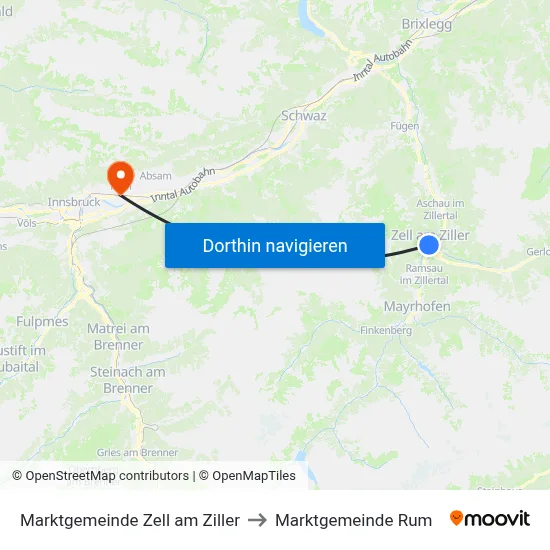 Marktgemeinde Zell am Ziller to Marktgemeinde Rum map