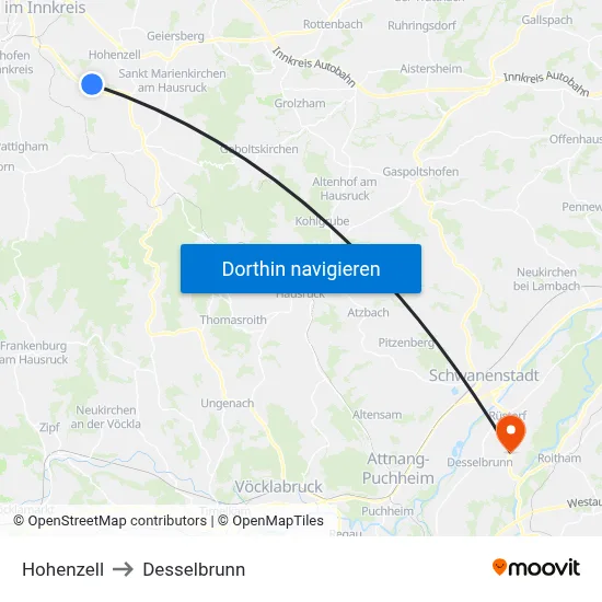 Hohenzell to Desselbrunn map