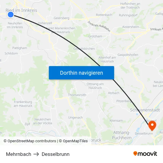 Mehrnbach to Desselbrunn map
