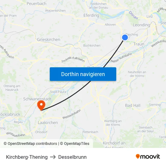 Kirchberg-Thening to Desselbrunn map