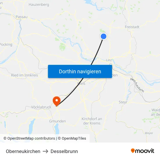 Oberneukirchen to Desselbrunn map