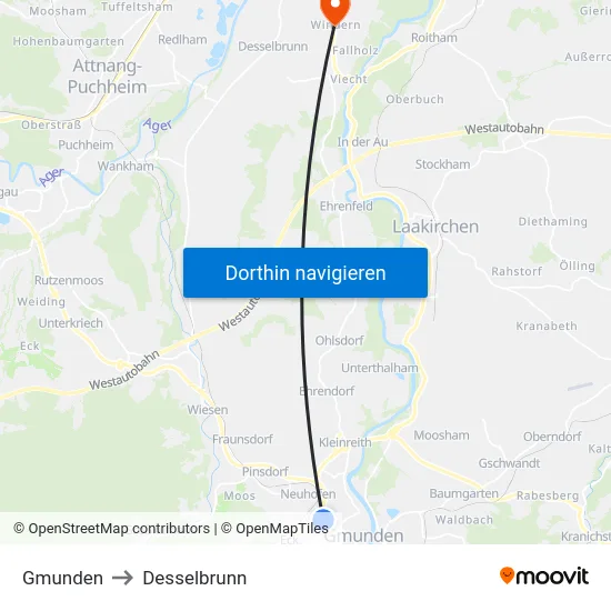 Gmunden to Desselbrunn map