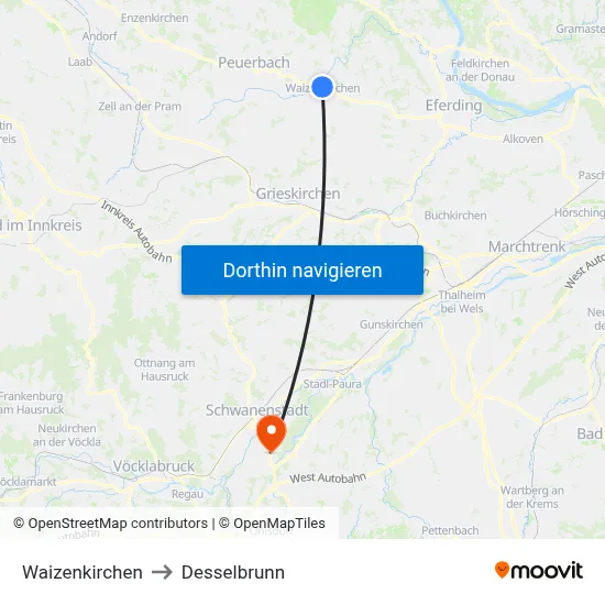Waizenkirchen to Desselbrunn map