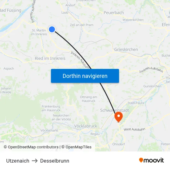 Utzenaich to Desselbrunn map