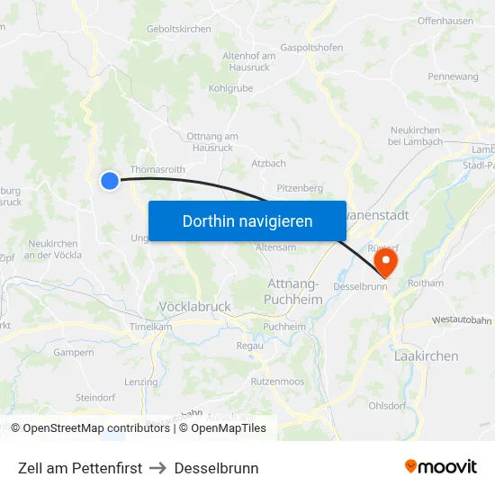 Zell am Pettenfirst to Desselbrunn map