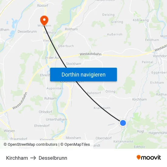 Kirchham to Desselbrunn map