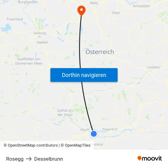 Rosegg to Desselbrunn map