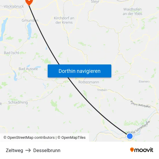 Zeltweg to Desselbrunn map