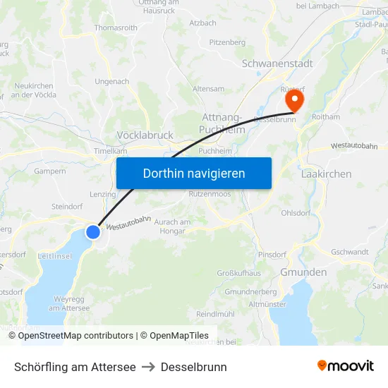 Schörfling am Attersee to Desselbrunn map