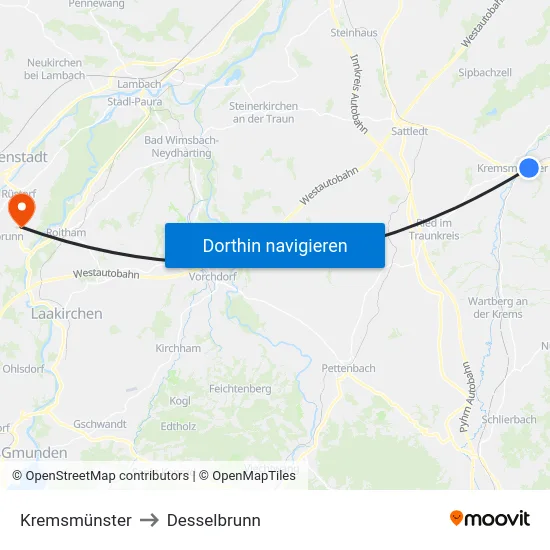 Kremsmünster to Desselbrunn map