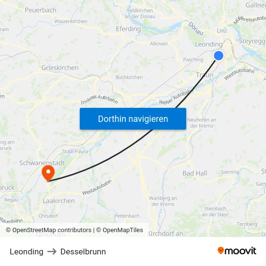 Leonding to Desselbrunn map