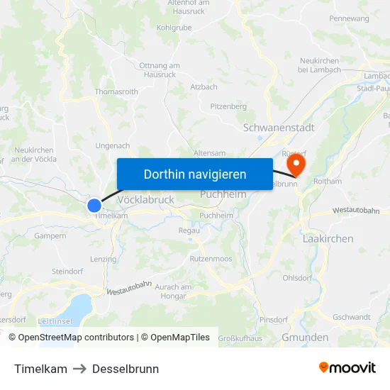 Timelkam to Desselbrunn map