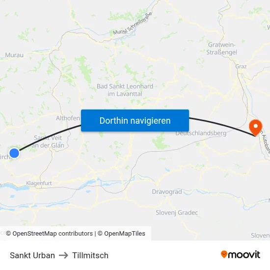 Sankt Urban to Tillmitsch map