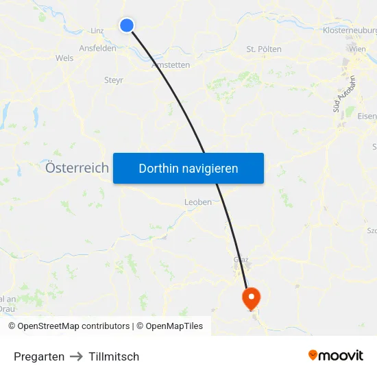 Pregarten to Tillmitsch map