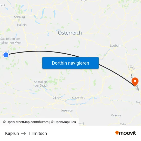 Kaprun to Tillmitsch map