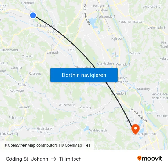 Söding-St. Johann to Tillmitsch map