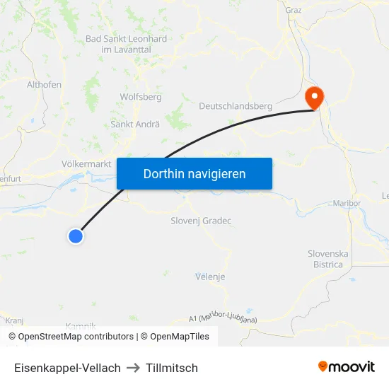 Eisenkappel-Vellach to Tillmitsch map