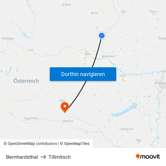 Bernhardsthal to Tillmitsch map