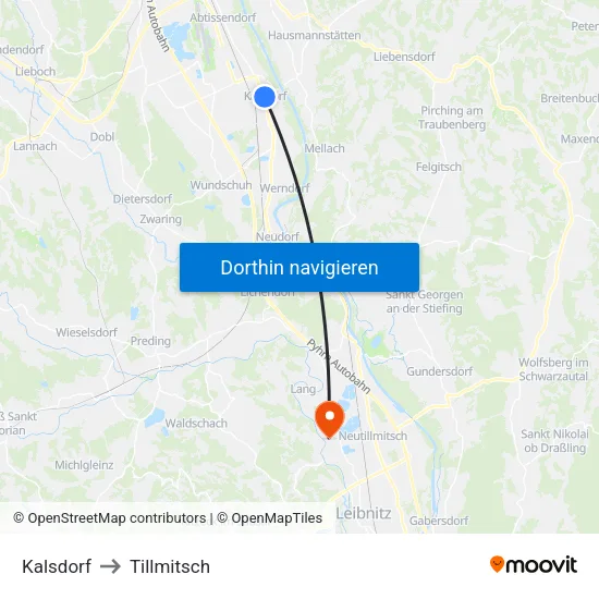 Kalsdorf to Tillmitsch map