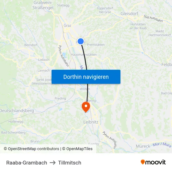 Raaba-Grambach to Tillmitsch map