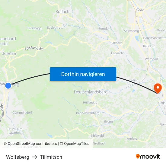 Wolfsberg to Tillmitsch map