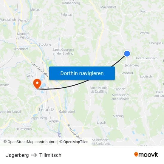 Jagerberg to Tillmitsch map
