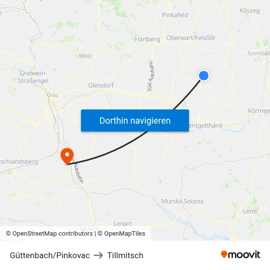 Güttenbach/Pinkovac to Tillmitsch map