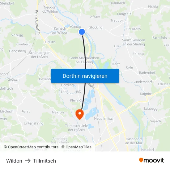 Wildon to Tillmitsch map