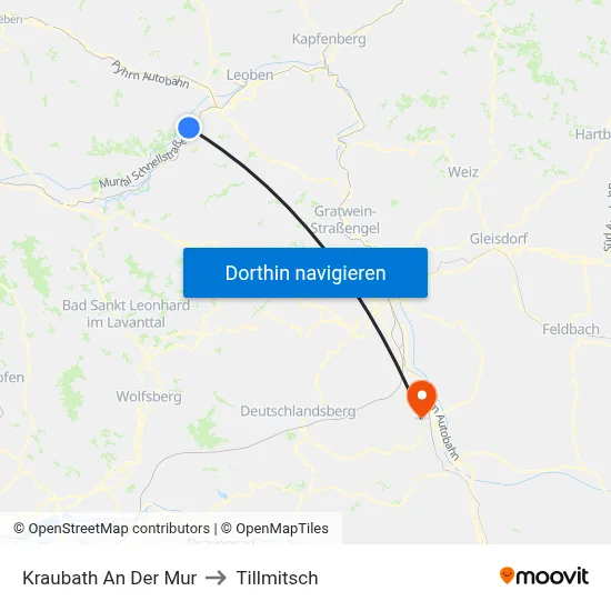 Kraubath An Der Mur to Tillmitsch map