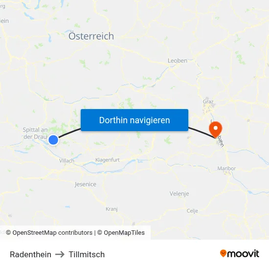 Radenthein to Tillmitsch map