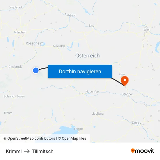 Krimml to Tillmitsch map