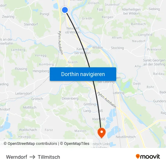 Werndorf to Tillmitsch map