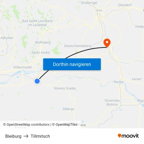 Bleiburg to Tillmitsch map