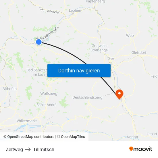 Zeltweg to Tillmitsch map