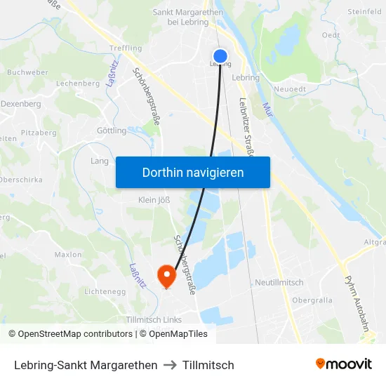 Lebring-Sankt Margarethen to Tillmitsch map