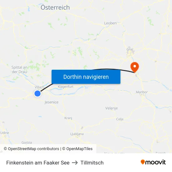 Finkenstein am Faaker See to Tillmitsch map
