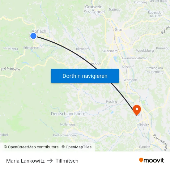 Maria Lankowitz to Tillmitsch map