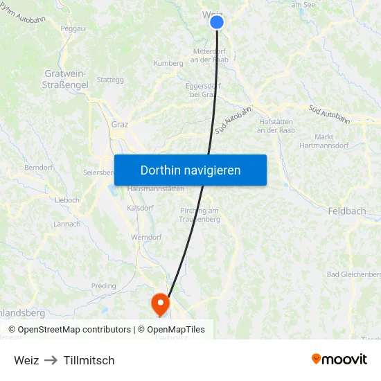 Weiz to Tillmitsch map