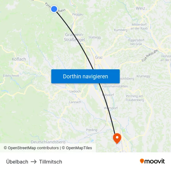 Übelbach to Tillmitsch map