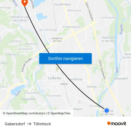 Gabersdorf to Tillmitsch map