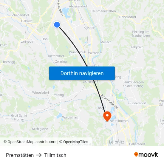 Premstätten to Tillmitsch map