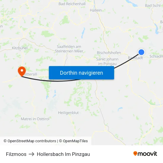 Filzmoos to Hollersbach Im Pinzgau map