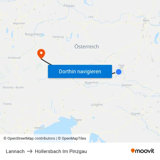 Lannach to Hollersbach Im Pinzgau map