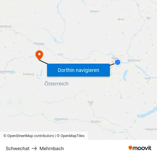 Schwechat to Mehrnbach map